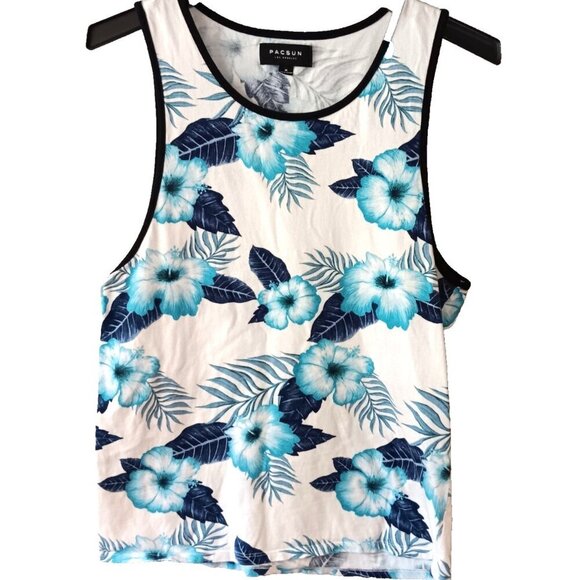 Pacsun Floral Tropical Tank Top Hawaiian Size Medium Blue White Cotton Beach - Picture 1 of 5